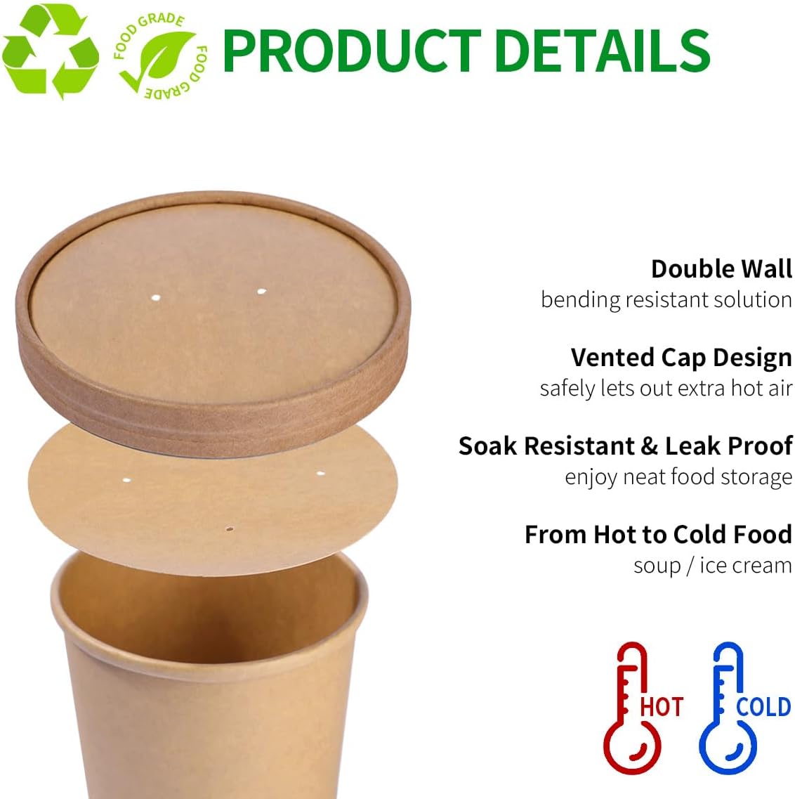 16 oz Paper Food Containers with Lids, Ice Cream Pint Containers, 16 oz Disposable Soup Containers Paper Freezer Containers Pint Ice Cream Cups (60 Cups 60 Lids)