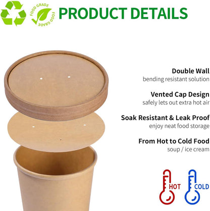 16 oz Paper Food Containers with Lids, Ice Cream Pint Containers, 16 oz Disposable Soup Containers Paper Freezer Containers Pint Ice Cream Cups (60 Cups 60 Lids)