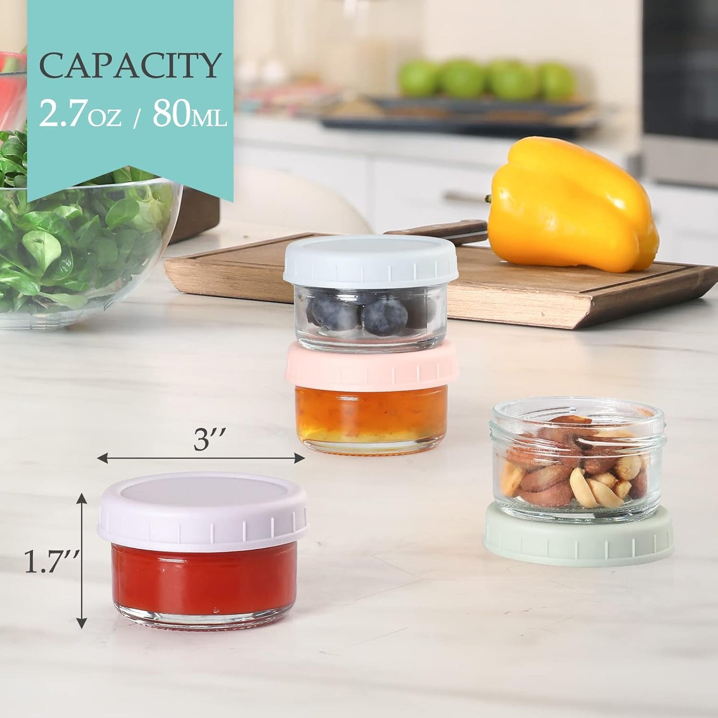 [6 Pack] Salad Dressing Container To Go, 2.7 oz Glass Small Condiment with Lids, Dipping Sauce Cups Set, Leakproof Reusable for Lunch Box Work Trip