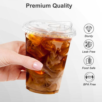 100 Pack - 16 oz Clear Plastic Cups with Lids, Sturdy & Food Safe Iced Coffee Cups with lids, Disposable Plastic Smoothie Cups for Cold Drinks, Sip Lids