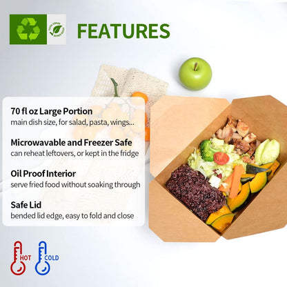 50 Pack 70 oz Large Take Out Food Containers - Heavy Duty Microwavable Kraft Brown Paper To Go Box #3 - Grease Resist Paper Lunch Box Cardboard Take Out Box for Restaurant, Household, Party