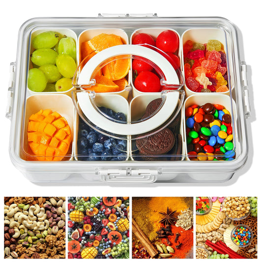 Snackle Box Container - Divided Serving Tray with Lid & Handle, Portable Snack Organizer for Candy, Fruits, Nuts, Treats - Leakproof Bento-Style Platter for Parties, Travel, Picnics
