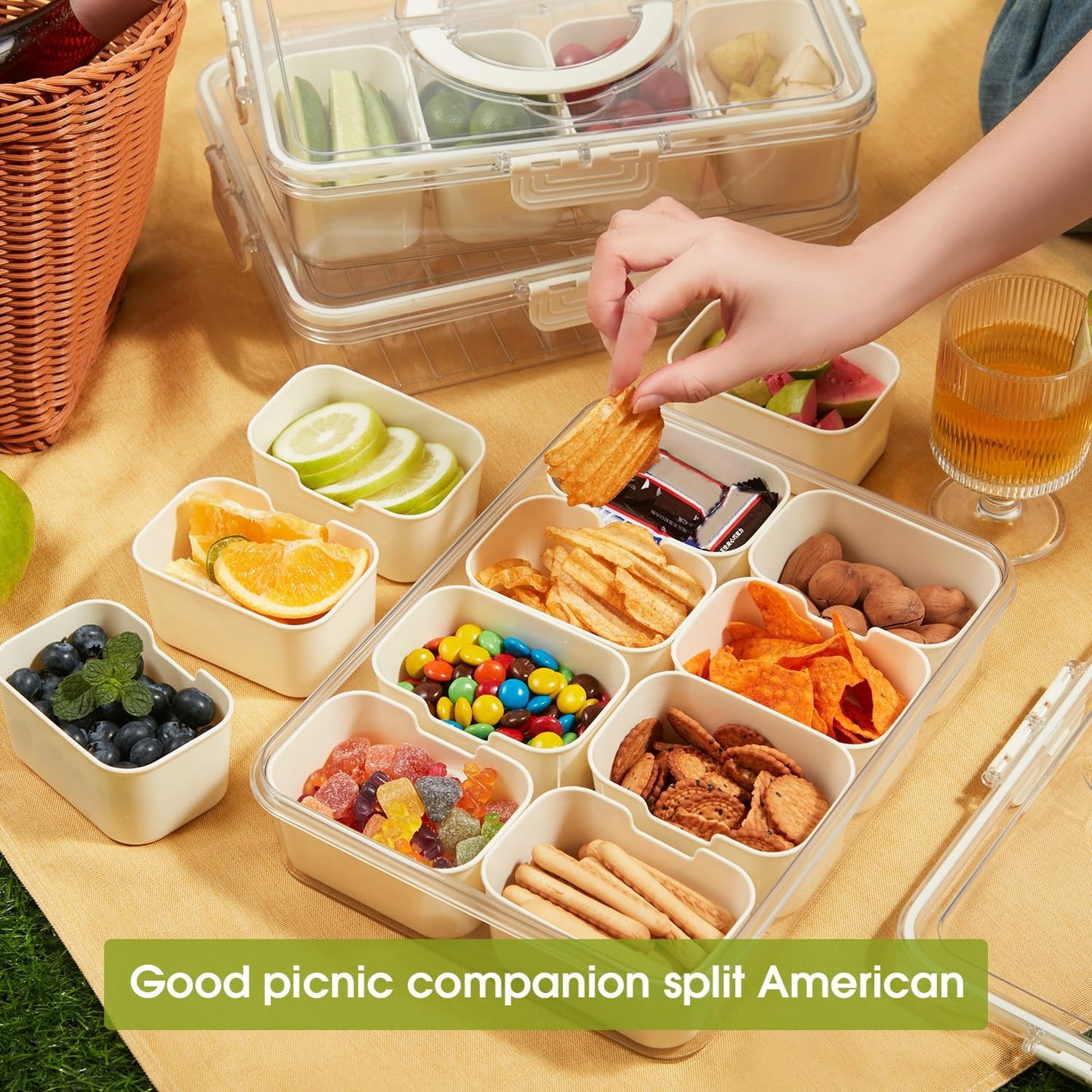 Snackle Box Container - Divided Serving Tray with Lid & Handle, Portable Snack Organizer for Candy, Fruits, Nuts, Treats - Leakproof Bento-Style Platter for Parties, Travel, Picnics