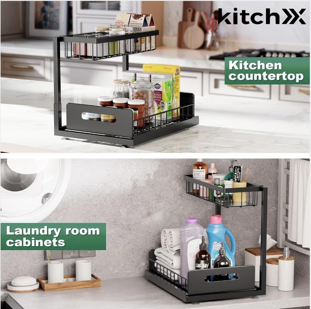 Under Sink Organizer, 2 Tier Rustproof Under Cabinet Storage, Multi Functional Cabinet Storage Space Saver For Kitchen, Purpose Cabinet Shelf for Kitchen and Bathroom Storage
