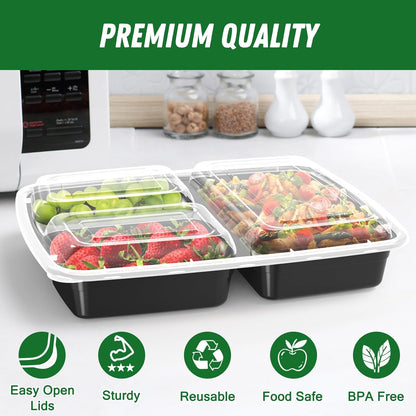 50 Pack (100-Piece) 32 oz Meal Prep Containers Reusable with Lids 3-Compartment, To Go Take Out Plastic Food Storage Containers, Sturdy Leakproof Food Safe, Microwave Freezer Dishwasher Safe, Black