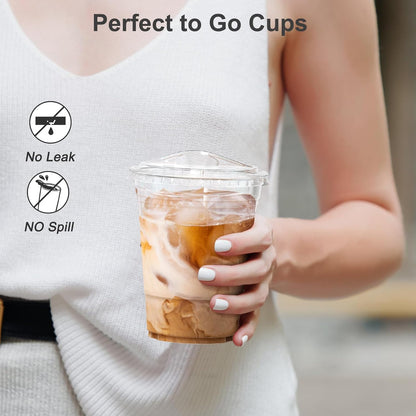 100 Pack - 16 oz Clear Plastic Cups with Lids, Sturdy & Food Safe Iced Coffee Cups with lids, Disposable Plastic Smoothie Cups for Cold Drinks, Sip Lids