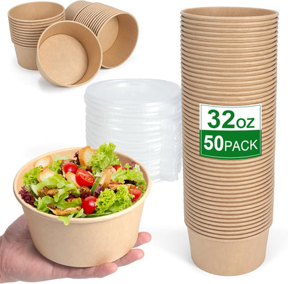 50 Pcs 32 Oz disposable meal prep containers，paper bowls with lids，disposable soup bowls，soup bowls disposable hot/cold，disposable salad bowls with lids