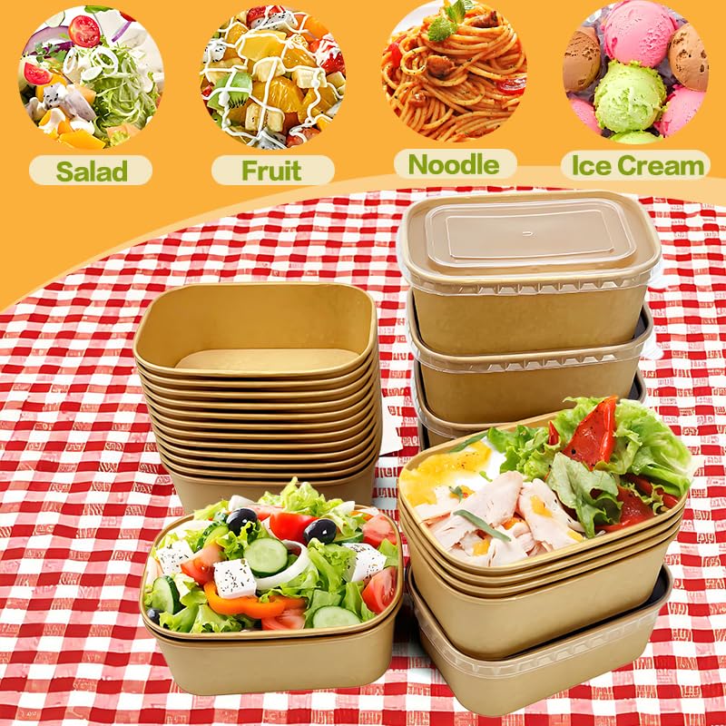 50 Pack Paper Meal Prep Containers with Lids, 20 oz Disposable and Compostable Take out Food Containers Rectangular to Go Paper Bowls for Leftovers, Salad, Soup, Snack