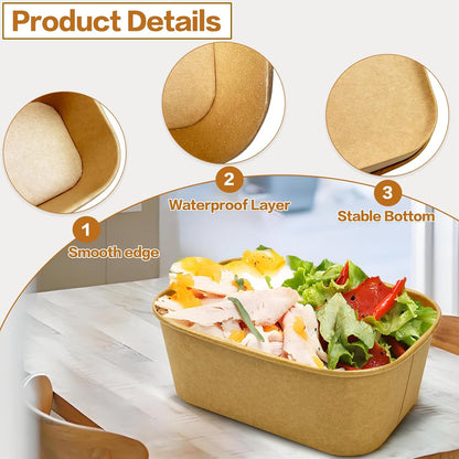 50 Pack Paper Meal Prep Containers with Lids, 20 oz Disposable and Compostable Take out Food Containers Rectangular to Go Paper Bowls for Leftovers, Salad, Soup, Snack
