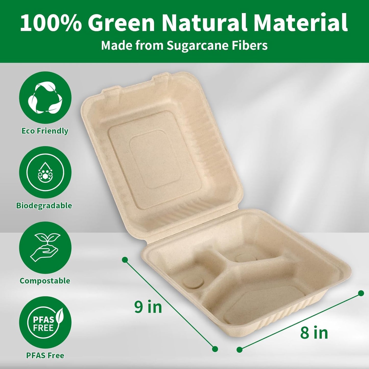 50 Pack 3 Compartment Compostable 8x9 Inch Takeout Lunch Box Containers with Lid To Go Take Out Clamshell for Food, Disposable Eco-Friendly Biodegradable Bagasse, PFAS-Free, Brown
