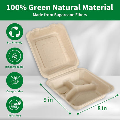 50 Pack 3 Compartment Compostable 8x9 Inch Takeout Lunch Box Containers with Lid To Go Take Out Clamshell for Food, Disposable Eco-Friendly Biodegradable Bagasse, PFAS-Free, Brown