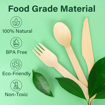 Disposable Cutlery Set, 200Pcs Wooden Compostable Utensils (100 Forks, 50 Spoons, 50 Knives) Eco-Friendly Forks And Spoons Silverware