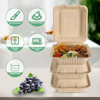 50 Pack 3 Compartment Compostable 8x9 Inch Takeout Lunch Box Containers with Lid To Go Take Out Clamshell for Food, Disposable Eco-Friendly Biodegradable Bagasse, PFAS-Free, Brown