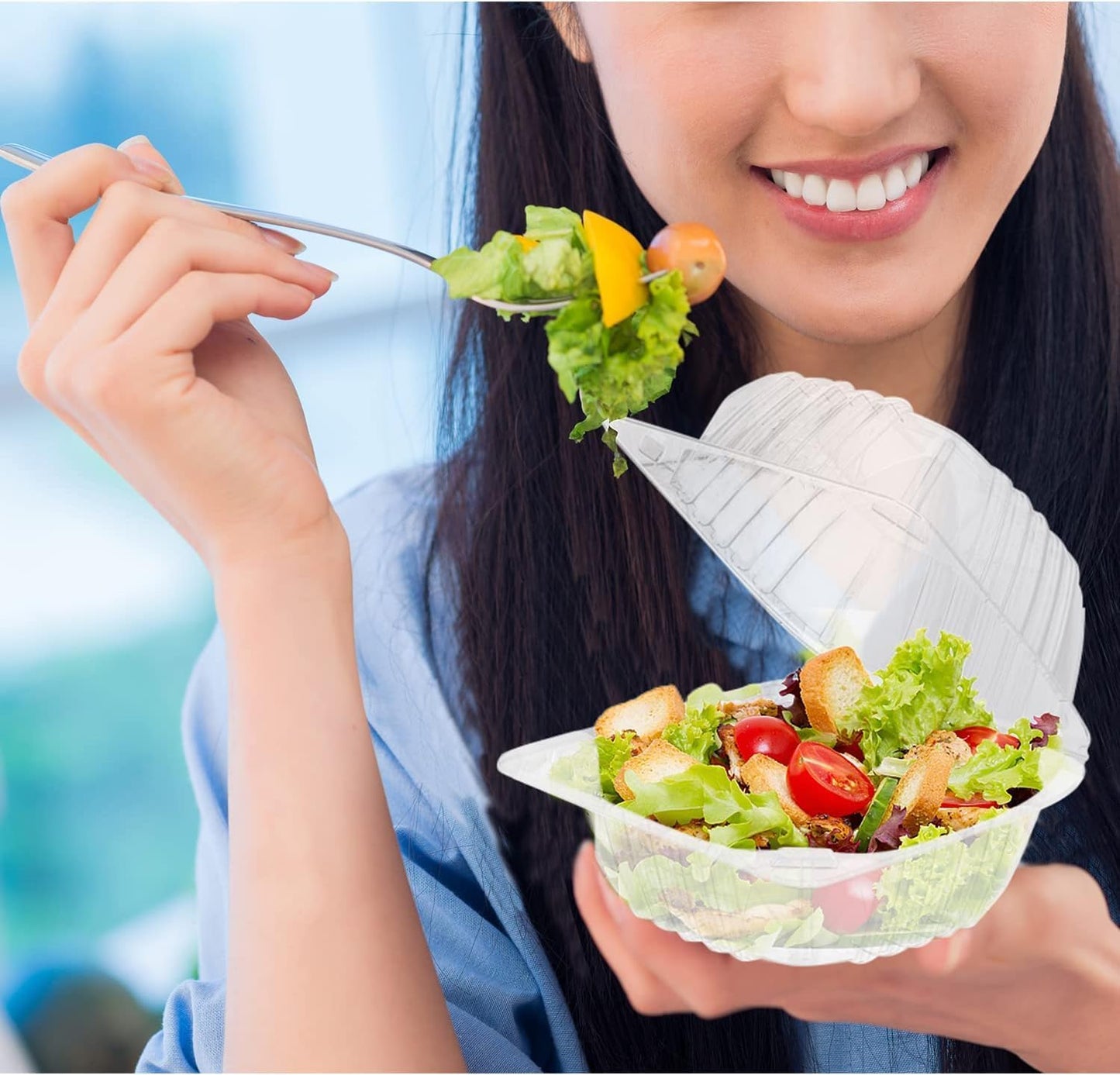 100 Pack Disposable Plastic To Go Containers with Clear Lids, 6 x 6 Inch Hinged Top Square Clamshell Food Boxes for Salad, Dessert, Bakery Supplies