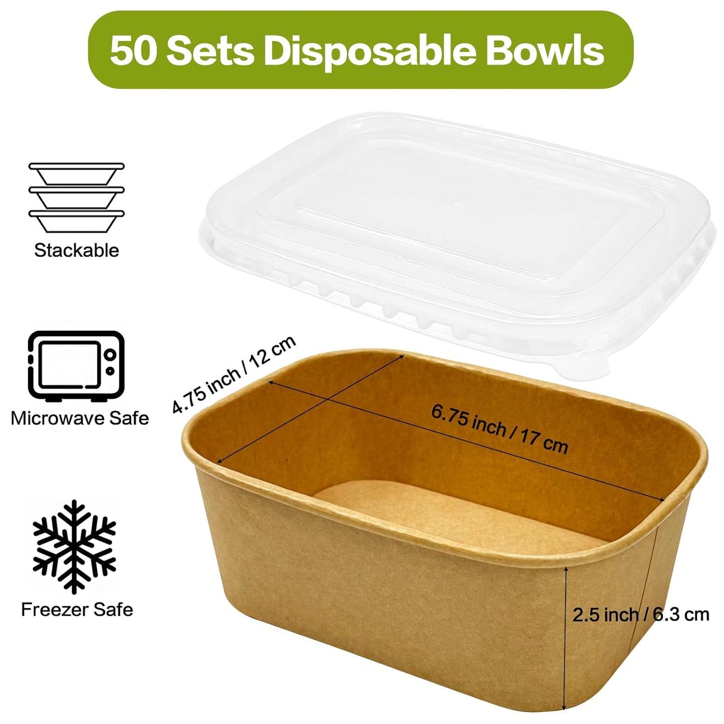 50 Pack Paper Meal Prep Containers with Lids, 20 oz Disposable and Compostable Take out Food Containers Rectangular to Go Paper Bowls for Leftovers, Salad, Soup, Snack