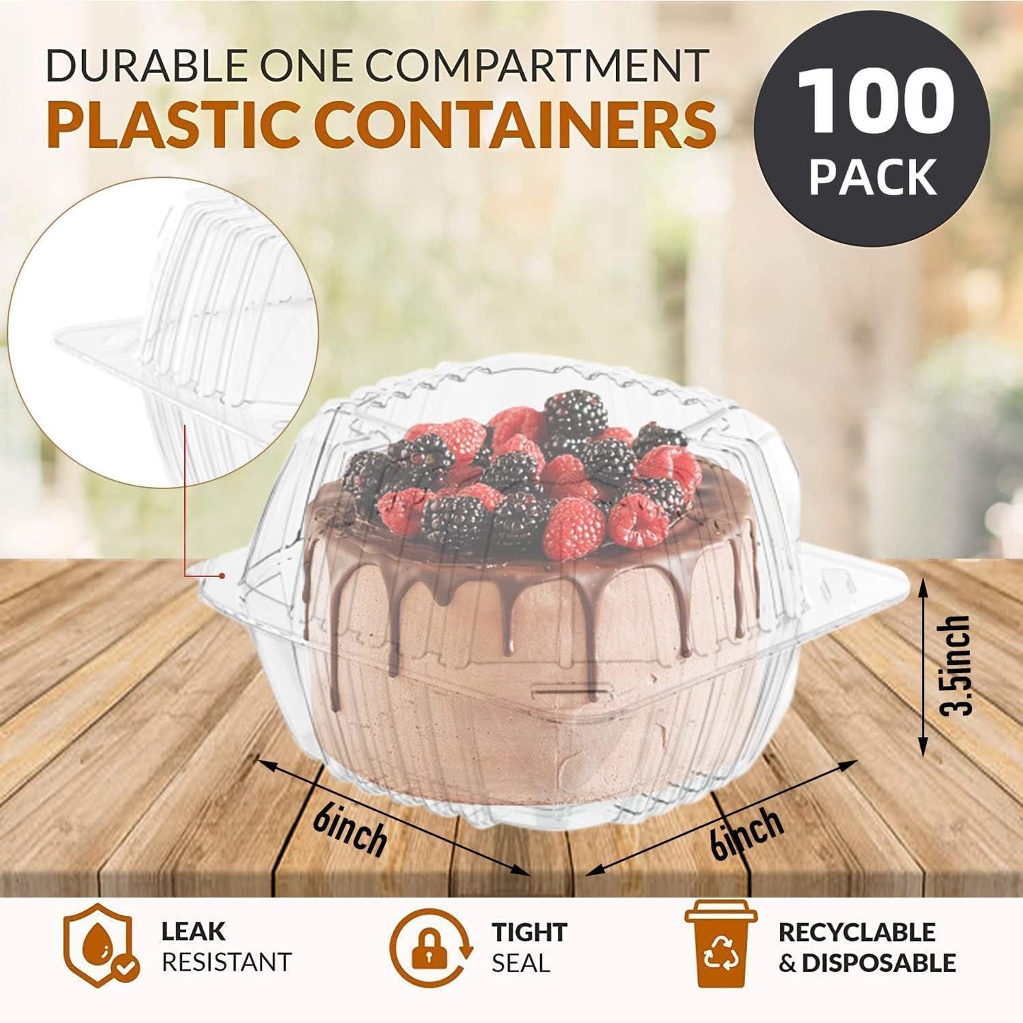 100 Pack Disposable Plastic To Go Containers with Clear Lids, 6 x 6 Inch Hinged Top Square Clamshell Food Boxes for Salad, Dessert, Bakery Supplies