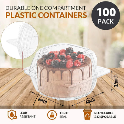 100 Pack Disposable Plastic To Go Containers with Clear Lids, 6 x 6 Inch Hinged Top Square Clamshell Food Boxes for Salad, Dessert, Bakery Supplies