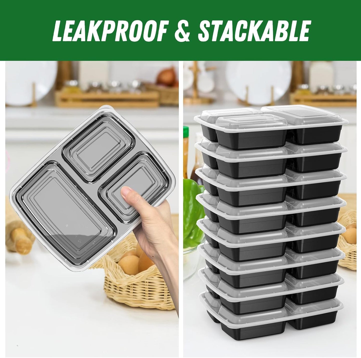 50 Pack (100-Piece) 32 oz Meal Prep Containers Reusable with Lids 3-Compartment, To Go Take Out Plastic Food Storage Containers, Sturdy Leakproof Food Safe, Microwave Freezer Dishwasher Safe, Black