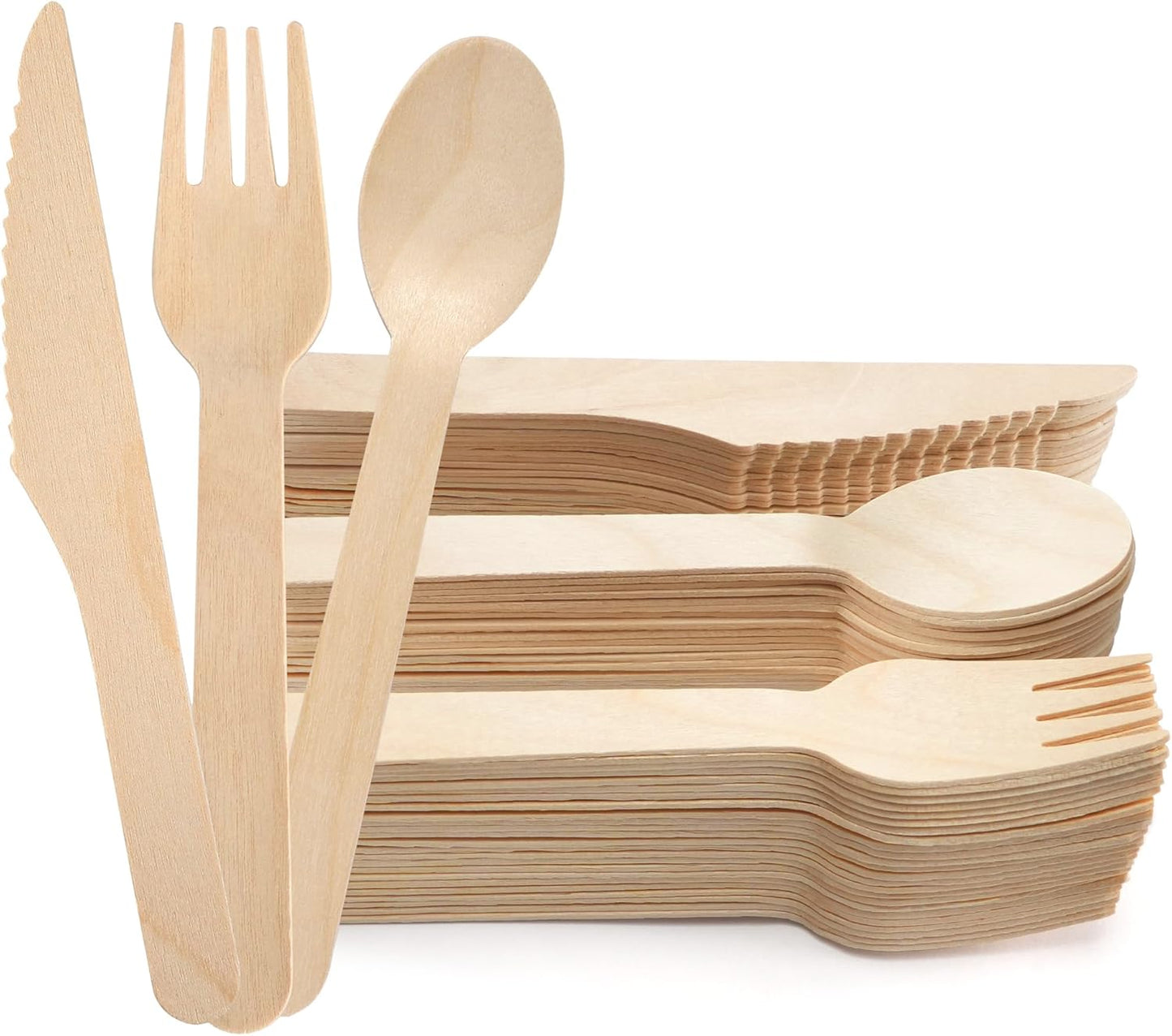 Disposable Cutlery Set, 200Pcs Wooden Compostable Utensils (100 Forks, 50 Spoons, 50 Knives) Eco-Friendly Forks And Spoons Silverware