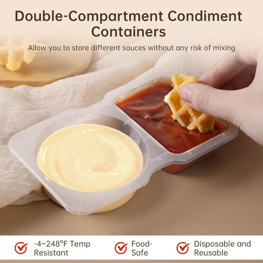 Double Compartment Condiment Containers with Lid, Transparent Small Plastic Dipping Containers for Condiments or Dips, Sauce Snack, Salad Dressing, Sampling, Travel Snack