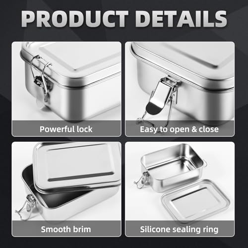 WOSIFUPO Stainless Steel Lunch Box, Bento Box Food Container with Lock Clips, Snack Box Container - Dishwasher Safe - Stainless Lid - Leak Proof
