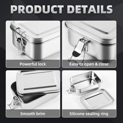WOSIFUPO Stainless Steel Lunch Box, Bento Box Food Container with Lock Clips, Snack Box Container - Dishwasher Safe - Stainless Lid - Leak Proof