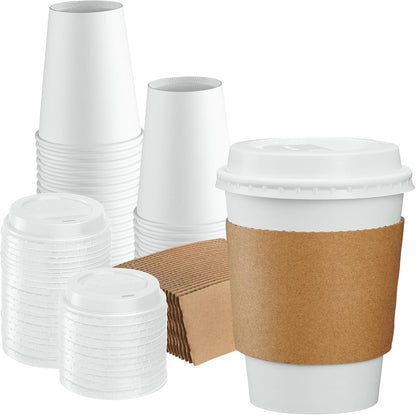12 oz. Disposable White Coffee Cups with White Lids, Sleeves - to Go Paper Hot Cups- Formerly Comfy Package