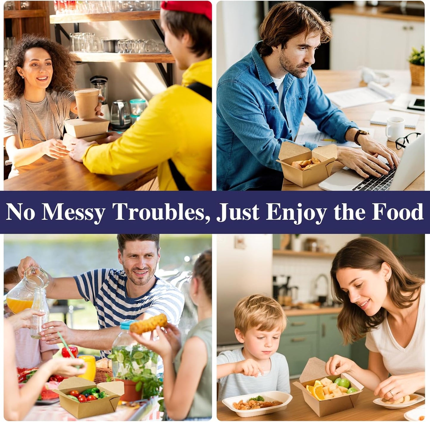 50 Pack 27 oz Take Out Food Containers, Kraft Brown Take Out Boxes Leak Grease Resistant and Stackable for Restaurants, Homes, Offices, Picnics