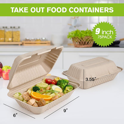 75 Pack Clamshell Take Out Food Containers, 100% Compostable To Go Containers Disposable, 9X6 inch Heavy-Duty To Go Boxes, Eco-Friendly Biodegradable To Go Containers For Food