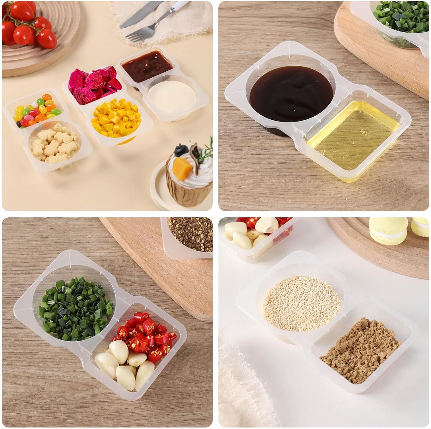 Double Compartment Condiment Containers with Lid, Transparent Small Plastic Dipping Containers for Condiments or Dips, Sauce Snack, Salad Dressing, Sampling, Travel Snack