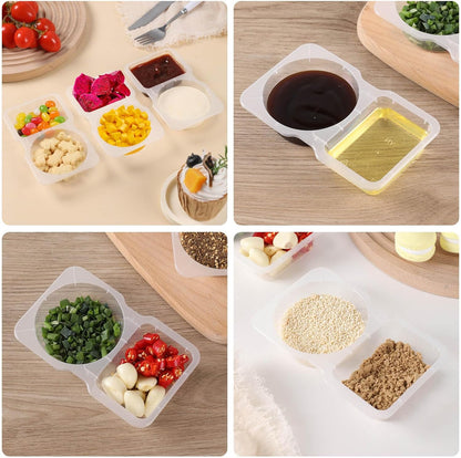 Double Compartment Condiment Containers with Lid, Transparent Small Plastic Dipping Containers for Condiments or Dips, Sauce Snack, Salad Dressing, Sampling, Travel Snack