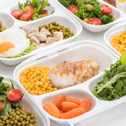 Freshware Compostable Clamshell Food Containers [8x8"] 3-Compartment 50-Pack, Disposable Containers, Biodegradable Sugarcane To Go Boxes - Paper Food Containers - Microwave & Freezer Safe, Stackable