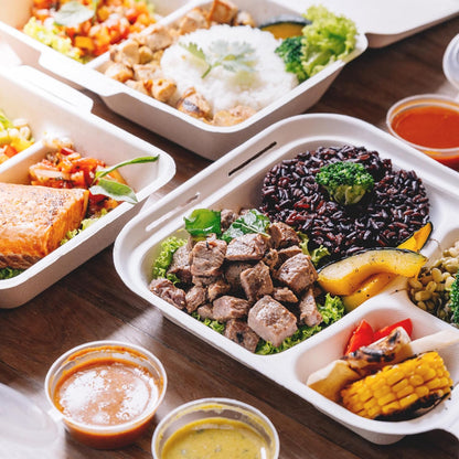 Freshware Compostable Clamshell Food Containers [8x8"] 3-Compartment 50-Pack, Disposable Containers, Biodegradable Sugarcane To Go Boxes - Paper Food Containers - Microwave & Freezer Safe, Stackable