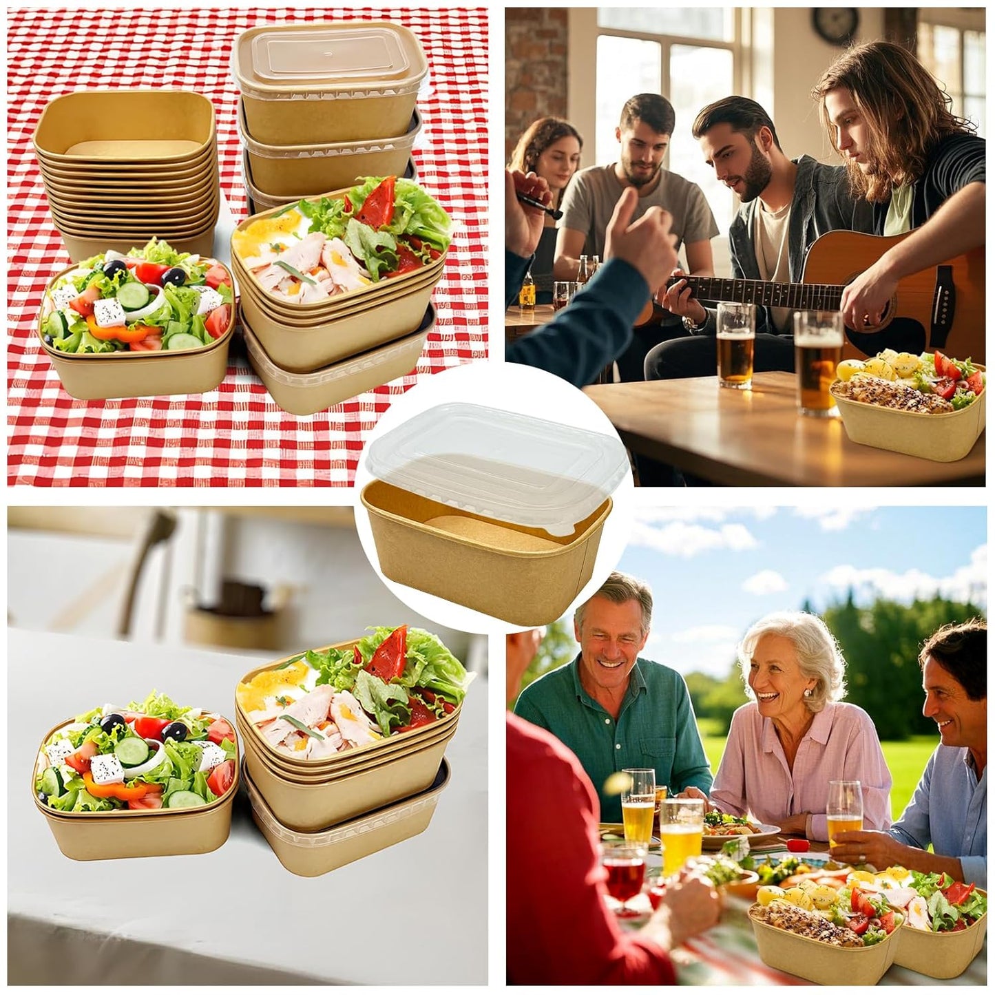 50 Pack Paper Meal Prep Containers with Lids, 20 oz Disposable and Compostable Take out Food Containers Rectangular to Go Paper Bowls for Leftovers, Salad, Soup, Snack