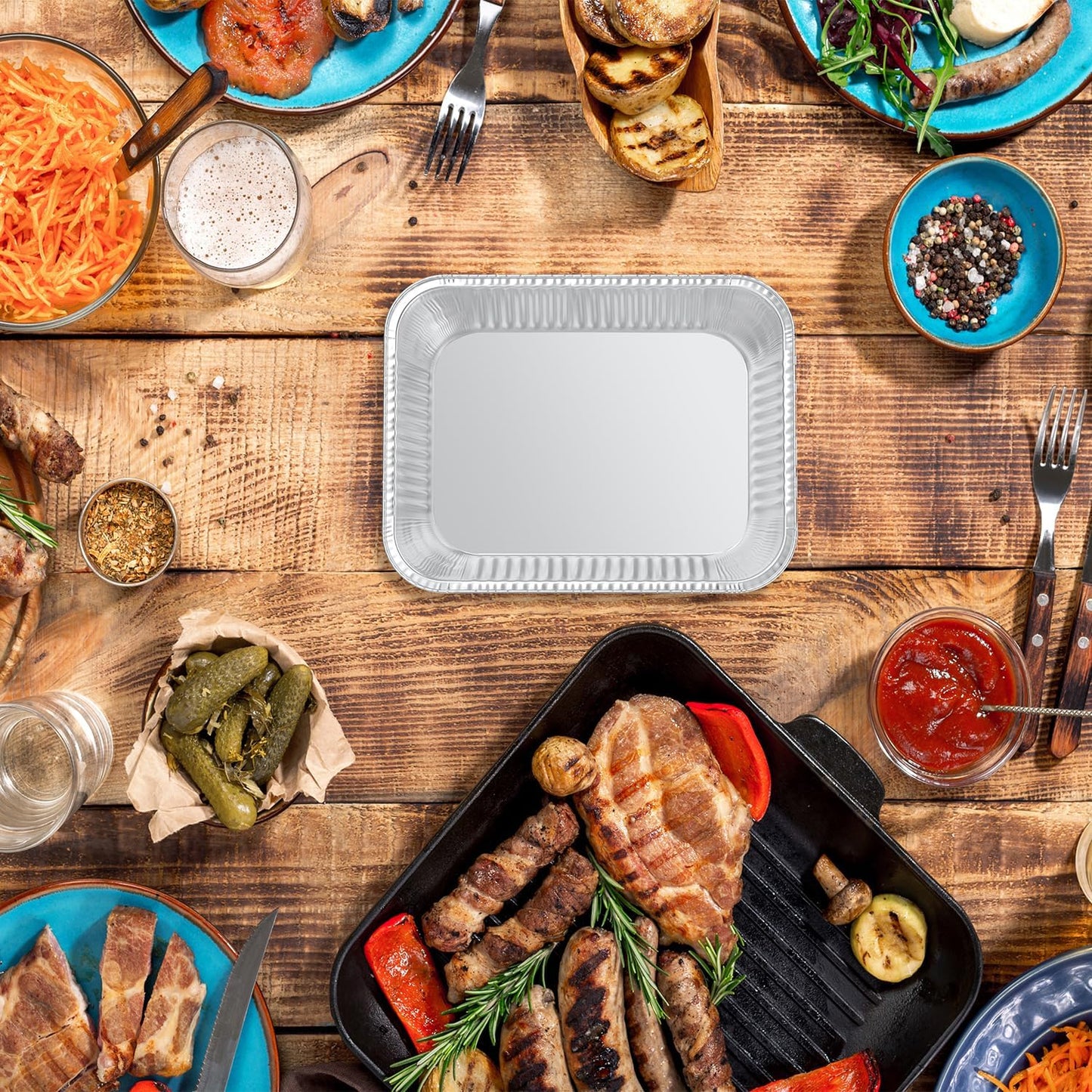 50 PACK 8.3"x6.2" Disposable Tin Foil Pans with Lids 2.25LB Aluminum Pans To Go Containers for Cooking, Baking, Catering Party Meal Prep, Take Out, Freeze