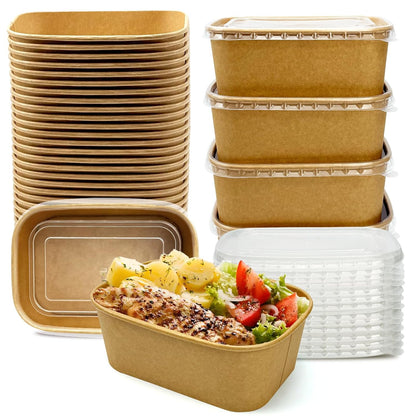 50 Pack Paper Meal Prep Containers with Lids, 20 oz Disposable and Compostable Take out Food Containers Rectangular to Go Paper Bowls for Leftovers, Salad, Soup, Snack