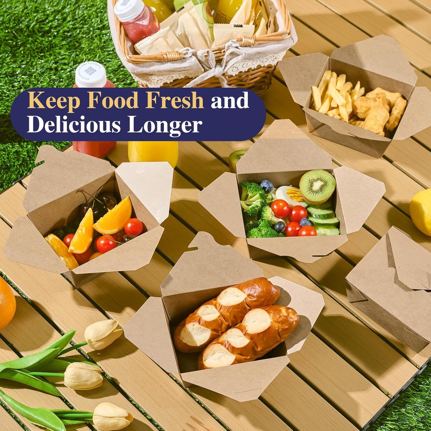 50 Pack 27 oz Take Out Food Containers, Kraft Brown Take Out Boxes Leak Grease Resistant and Stackable for Restaurants, Homes, Offices, Picnics