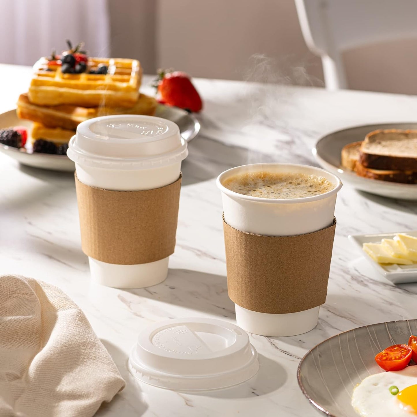 12 oz. Disposable White Coffee Cups with White Lids, Sleeves - to Go Paper Hot Cups- Formerly Comfy Package