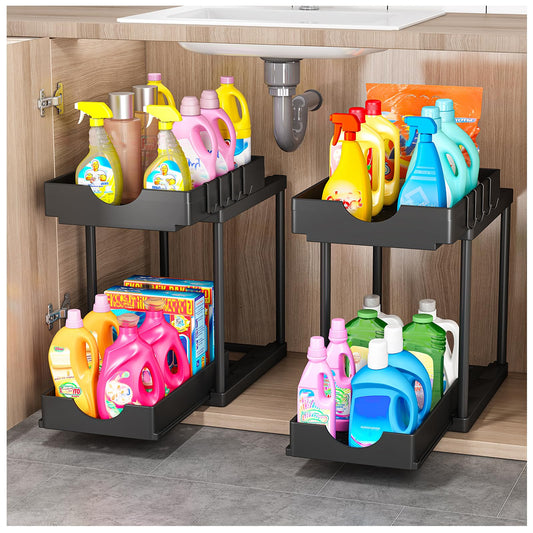 ARSTPEOE 2 Pack Double Sliding Under Sink Organizers and Storage,Two Tier Bathroom Storage and organization,Under Cabinet Organizer with Hooks,Home Organization,Black