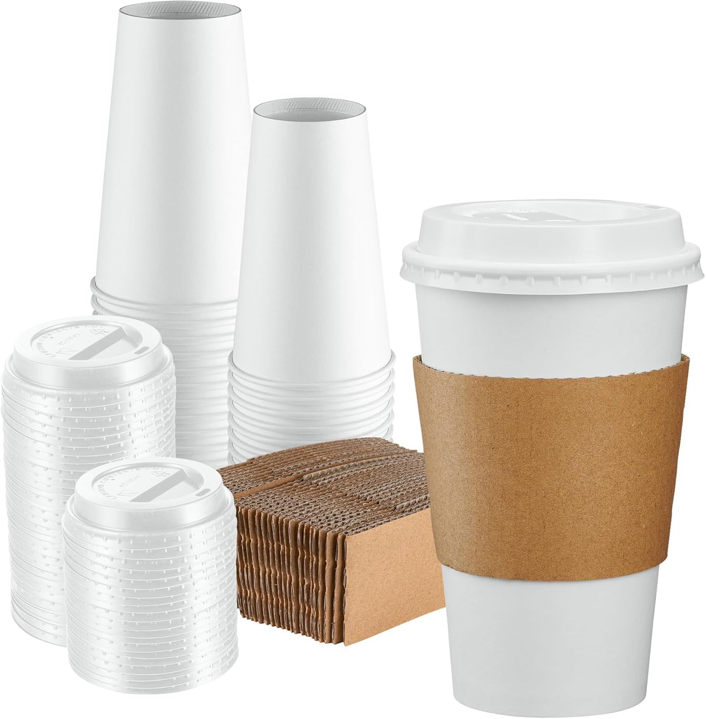 [50 Sets] 16 oz. Disposable White Coffee Cups with White Lids, Sleeves - to Go Paper Hot Cups- Formerly Comfy Package