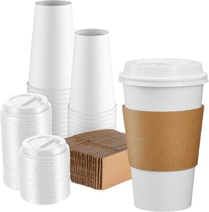 [50 Sets] 16 oz. Disposable White Coffee Cups with White Lids, Sleeves - to Go Paper Hot Cups- Formerly Comfy Package
