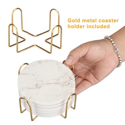 6 Pcs White Marble Coaster Set with Holder Best Absorbent Coasters Drink Coasters Ceramic Bar Coasters Cute Table Coasters Gift Cup Stone Coasters Modern Coasters