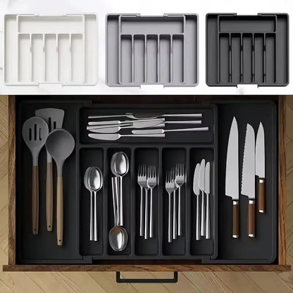 Large Cutlery Organizer - Adjustable Silverware Utensil Drawer Organizer for Easy Access, Versatile Kitchen Organizer and Storage Solution 34.8 × 3.9 × 27.8~50.0 cm, Black