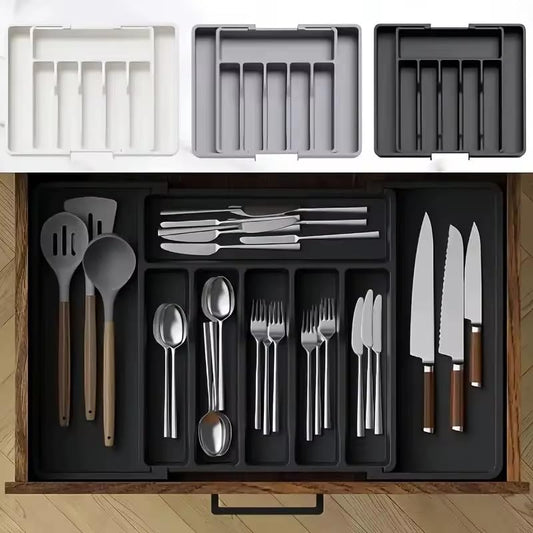 Large Cutlery Organizer - Adjustable Silverware Utensil Drawer Organizer for Easy Access, Versatile Kitchen Organizer and Storage Solution 34.8 × 3.9 × 27.8~50.0 cm, Black