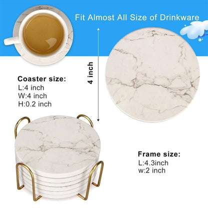 6 Pcs White Marble Coaster Set with Holder Best Absorbent Coasters Drink Coasters Ceramic Bar Coasters Cute Table Coasters Gift Cup Stone Coasters Modern Coasters