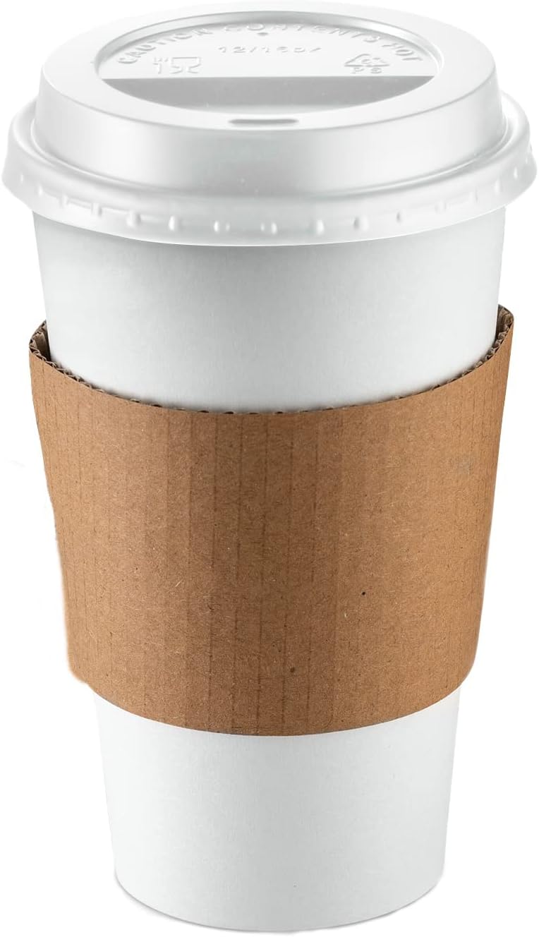 [50 Sets] 16 oz. Disposable White Coffee Cups with White Lids, Sleeves - to Go Paper Hot Cups- Formerly Comfy Package