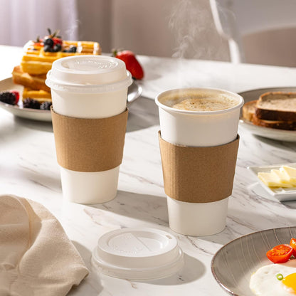 [50 Sets] 16 oz. Disposable White Coffee Cups with White Lids, Sleeves - to Go Paper Hot Cups- Formerly Comfy Package