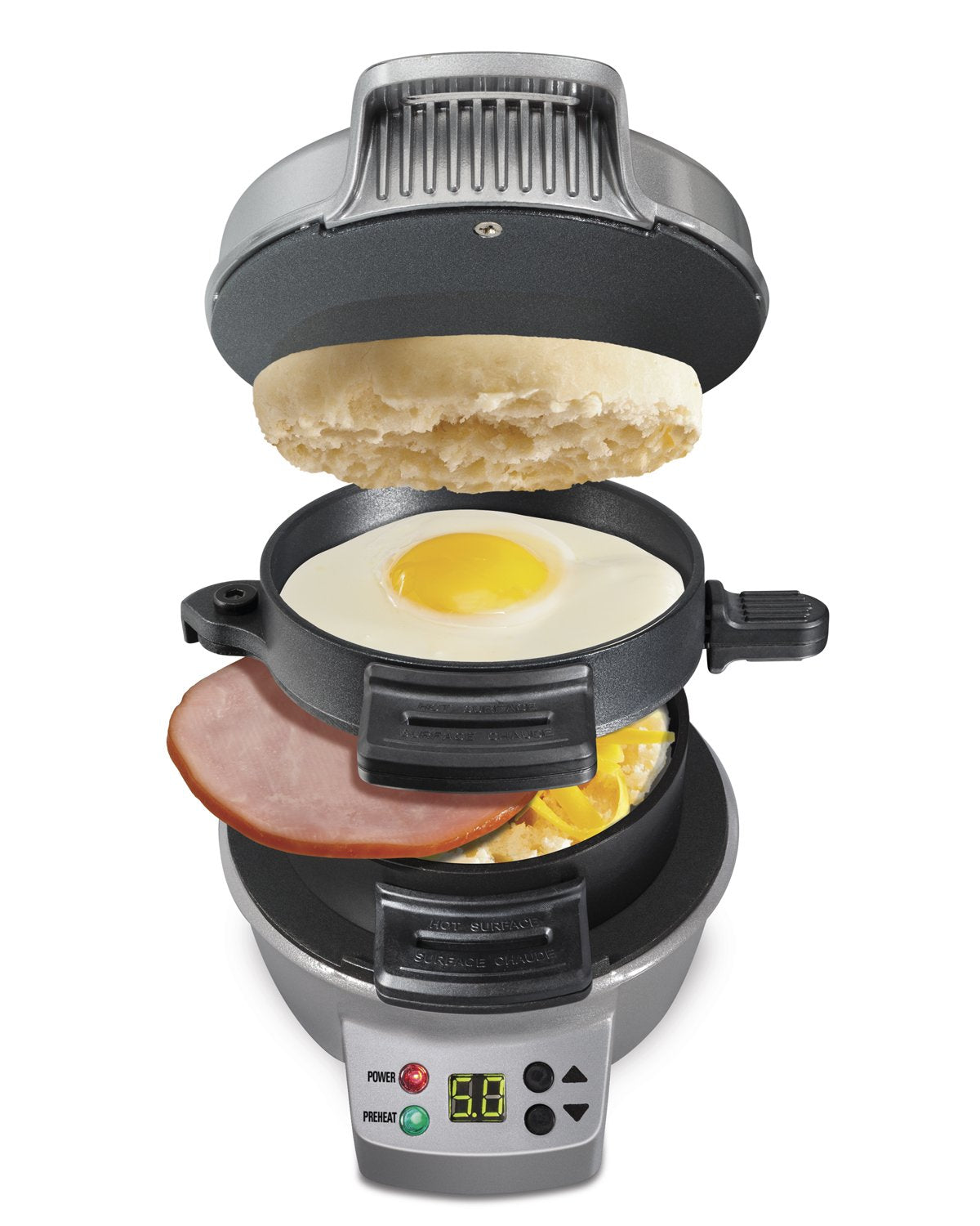 Hamilton-Beach 25478RC Breakfast Sandwich Maker with Timer, Silver, 25478RC, Single w/ Timer