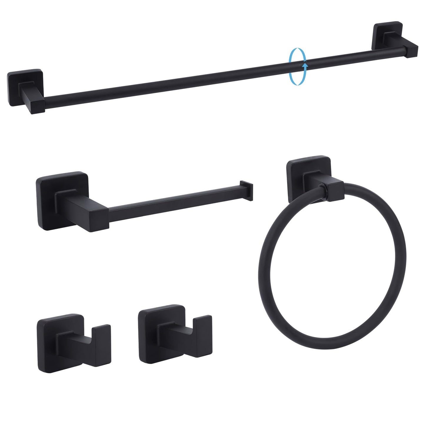 Ntipox 5 Pieces Bathroom Hardware Set Stainless Steel, 23.6 inch Inch Double Towel Bar Set Matte Black,Towel Rack Set,Bathroom Accessories Set