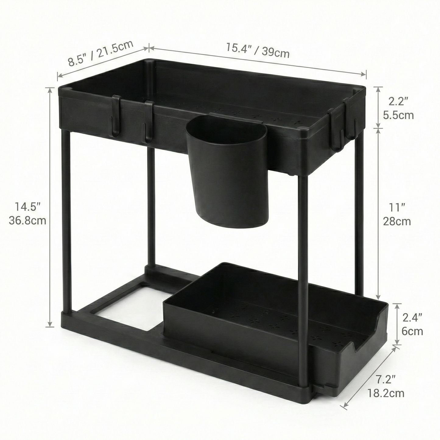 Black bathroom caddy with dimensions displayed